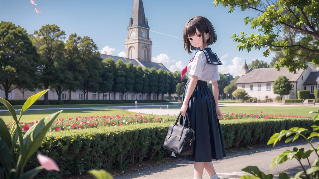(masterpiece), town, blue sky, One Girl, smile, alone, Sailor suit、Long skirt, Overgrown, petal, plant、Skirt lining、Translucent slip、nostalgic