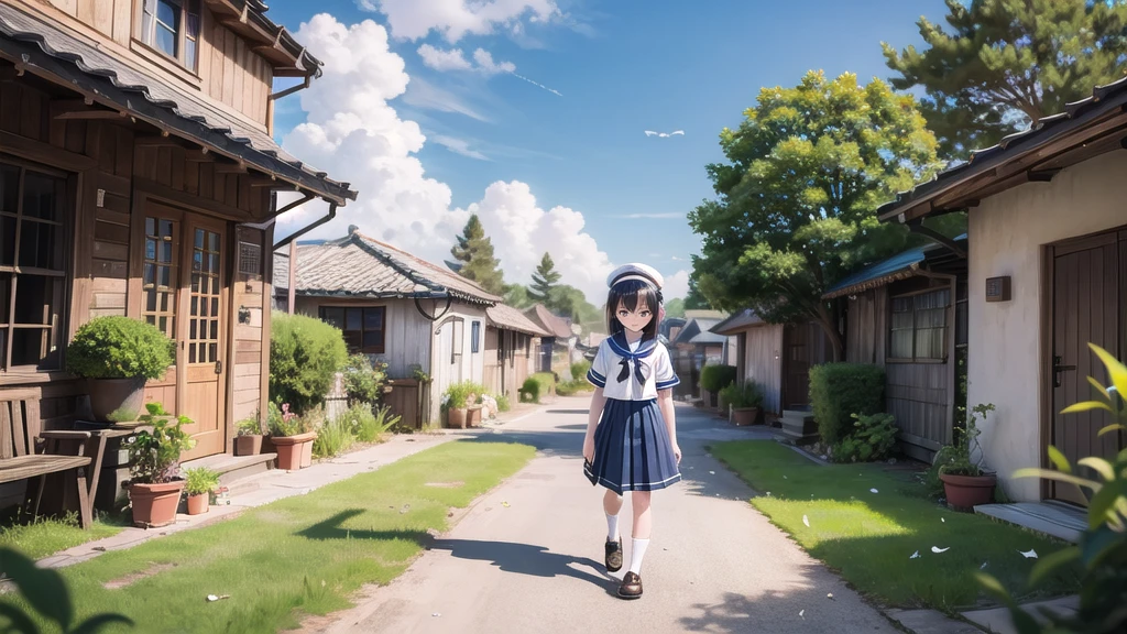(masterpiece),  town,  blue sky,  One Girl,  smile,  alone,  Sailor suit、Long skirt,  Overgrown,  petal,  plant、Skirt lining、Translucent slip、nostalgic