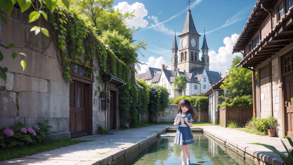 (masterpiece),  town,  blue sky,  One Girl,  smile,  alone,  Sailor suit、Long skirt,  Overgrown,  petal,  plant、Skirt lining、Translucent slip、nostalgic