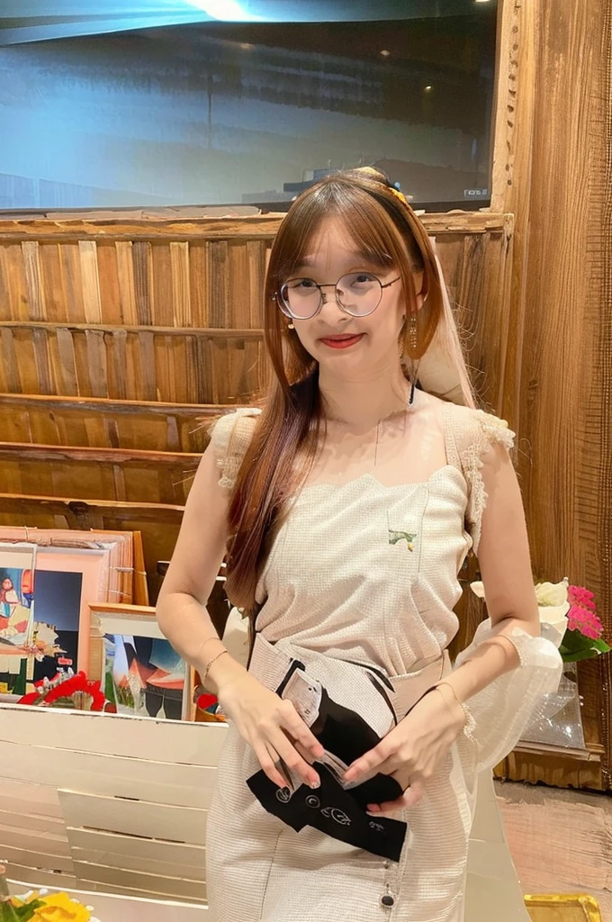 (best quality:1.4), (very high:1.2), (realistic:1.4), (8K, raw image:1.2),(Portrait:1.3), Creamne_, 1 girl, alone, glasses, glassesทรงกลม, upper body, (long hair:1.2), look at viewer, Bokeh, depth of field, Medium bust, sit, water, white flowers, full body, (shoulder length sash:1.4), (decorations:1.4), (Floating comfortably:1.4), white dress,