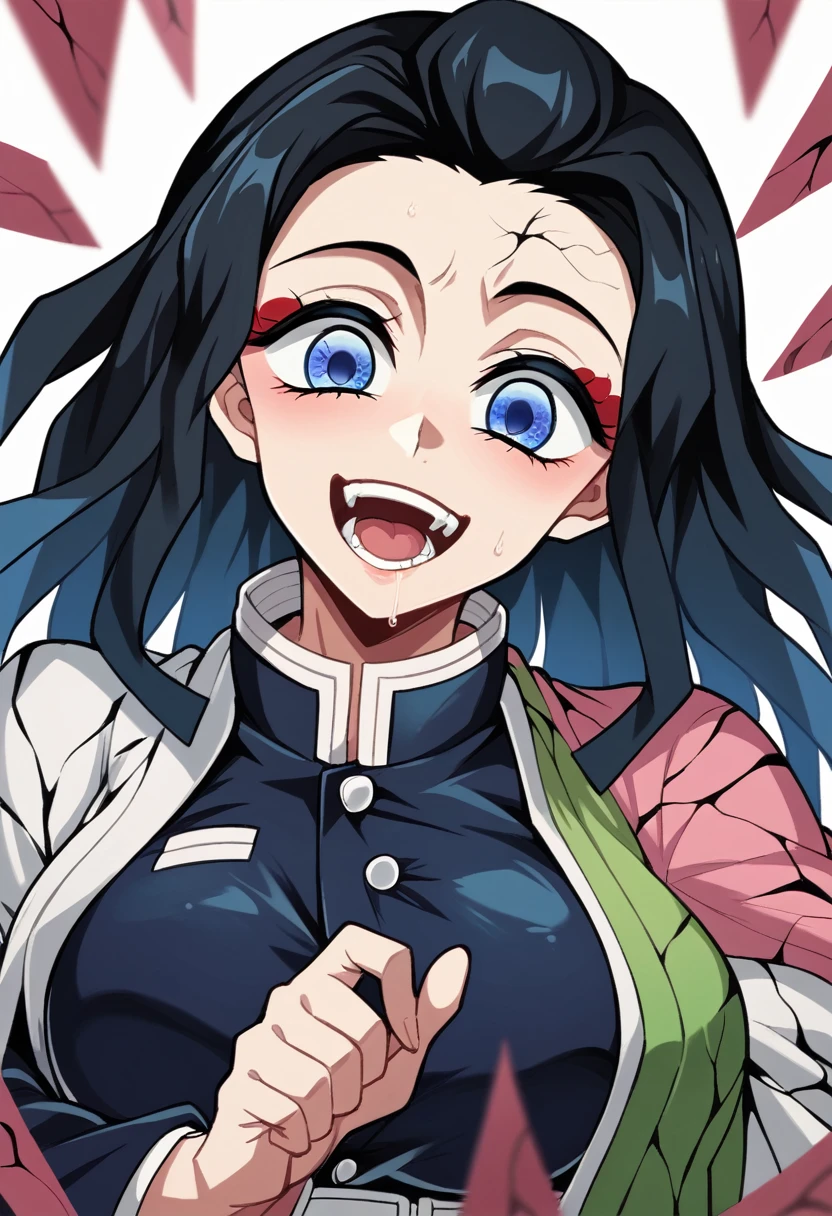 Draw a character in the animated art style of Kimetsu no Yaiba/Demon Slayer, with a vibrant and expressive appearance. Exaggerated features are essential, like big blue eyes, a subtle and fun smile, and a straight posture. The character must have short black hair and be wearing a tight skirt. The composition must include a dynamic angle, with a simple background so as not to distract from the main figure. The design must be beautiful and captivating, reflecting the lively and expressive style of the Kimetsu no Yaiba universe.