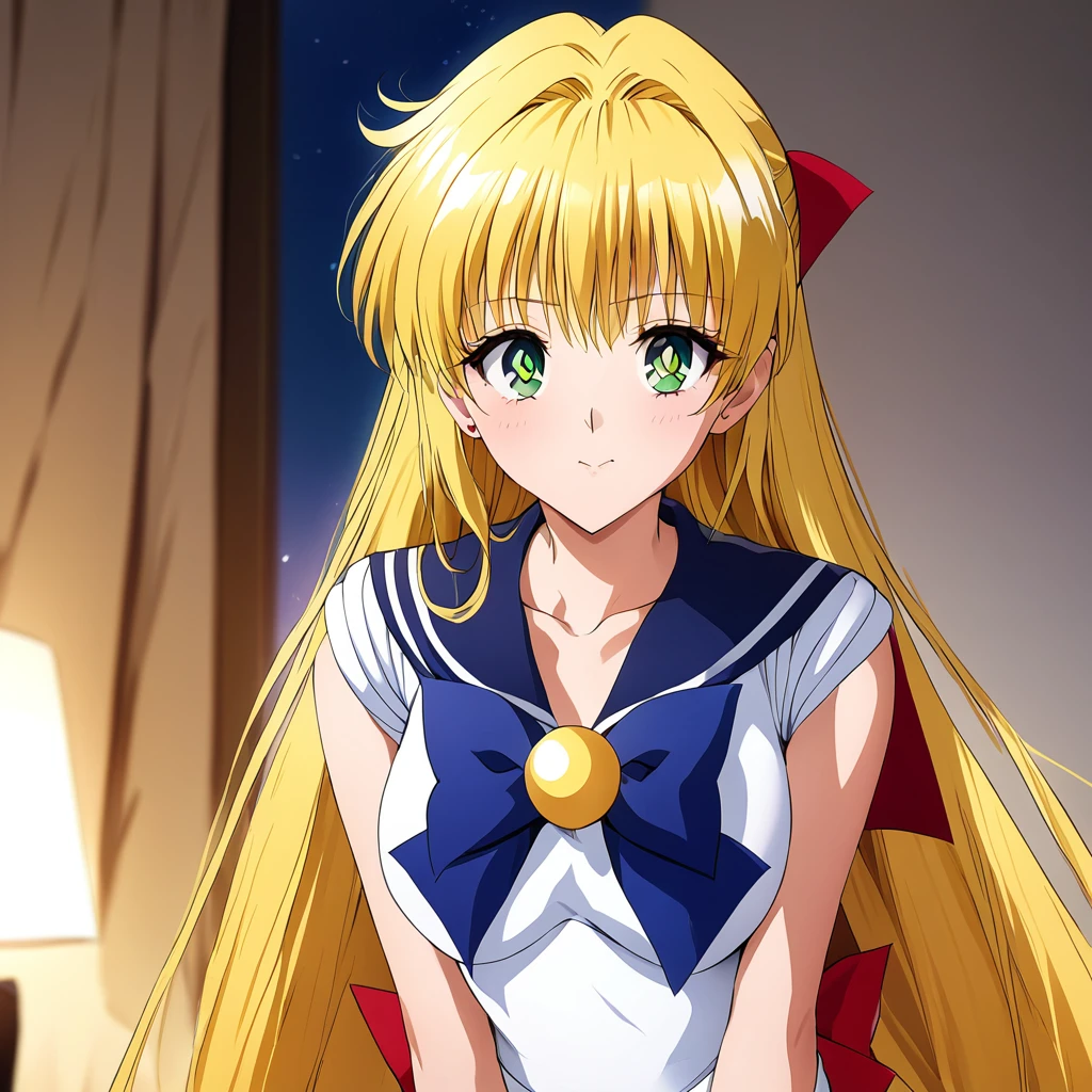 ((Highest quality)), ((masterpiece)), (detailed), (Perfect Face)、The woman is Tearyu, a Sailor Senshi with green eyes and medium-long blonde hair, and is posing as Sailor Tearyu with the moon in the background.