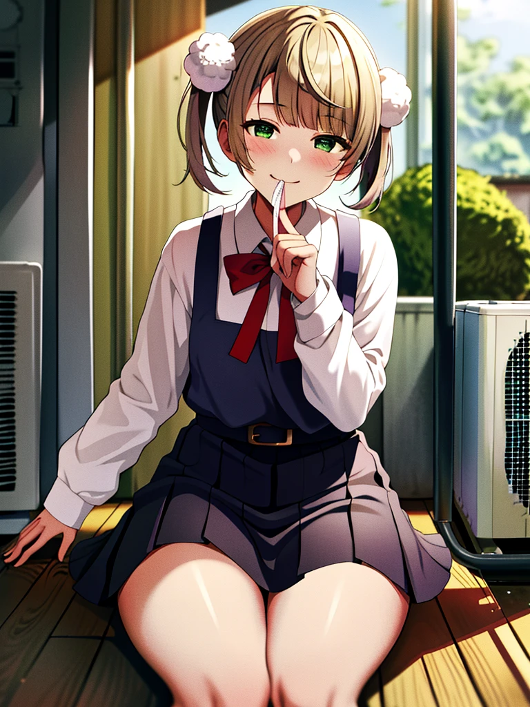 masterpiece, Highest quality, High resolution, 0 year old, One Girl, alone, Green Eyes, Pom-pom \(Clothes\), Apron dress, White shirt, White socks,Jumper skirt、 Long sleeve, Dilapidated, short hair, belt, Red bow tie, bangs, 青いClothes, Collared shirt, Cowboy Shot, orgasm,blush, Put a condom in your mouth, Sweat, White panties, pull up the skirt with your hands, Sit on top of an air conditioner outdoor unit, A defiant smile、