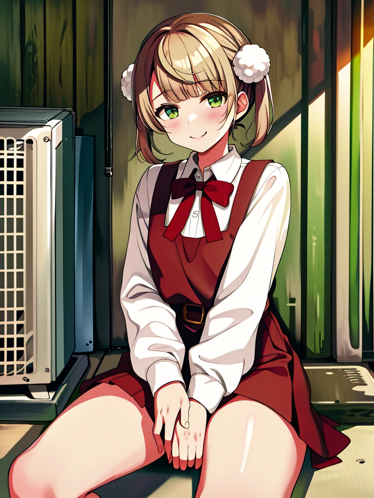 masterpiece, Highest quality, High resolution, 0 year old,  One Girl, alone, Green Eyes, Pom-pom \(Clothes\), Apron dress, White shirt, White socks,Jumper skirt、 Long sleeve, Dilapidated, short hair, belt, Red bow tie, bangs, 青いClothes, Collared shirt, Cowboy Shot, orgasm,blush, Put a condom in your mouth,  Sweat, White panties, pull up the skirt with your hands, Sit on top of an air conditioner outdoor unit, A defiant smile、