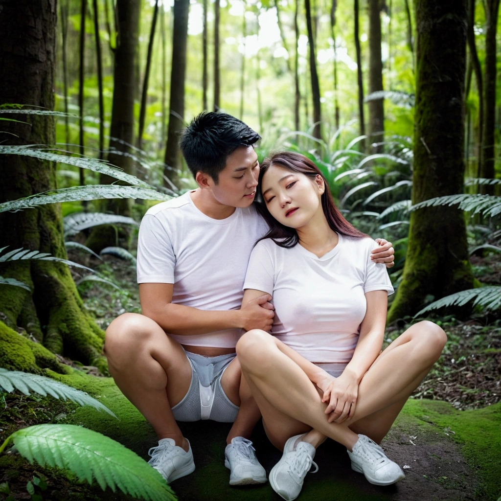A couple from Korea sits squatting (open legs) in the middle of a lush forest. They wore casual clothes with white t-shirts and shorts, and white sports shoes. The man sits behind the woman, hugging her with his arms around her waist and shoulders, while the woman leans back with her head against the man's chest, with her eyes closed as if enjoying a quiet and intimate moment together. The forest background shows tall trees and dense green leaves, giving the image a natural and peaceful feel. Sunlight can be seen faintly penetrating between the leaves, creating a shady and comfortable atmosphere.