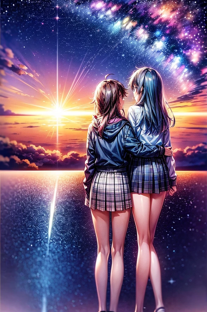 Two agers standing apart under a vibrant twilight sky, with a comet streaking across the background. The boy is in a Tokyo and the girl in a rural Japanese . The scene is filled with detailed and colorful clouds, capturing a sense of magic and connection. Cosmic Skies, by makoto shinkai, makoto shinkai cyril rolando, beautiful anime scene, anime sky, anime art wallpaper 4 k, anime art wallpaper 4k, anime art wallpaper 8 k, anime beautiful peace scene, in style of makoto shinkai, 4k anime wallpaper.