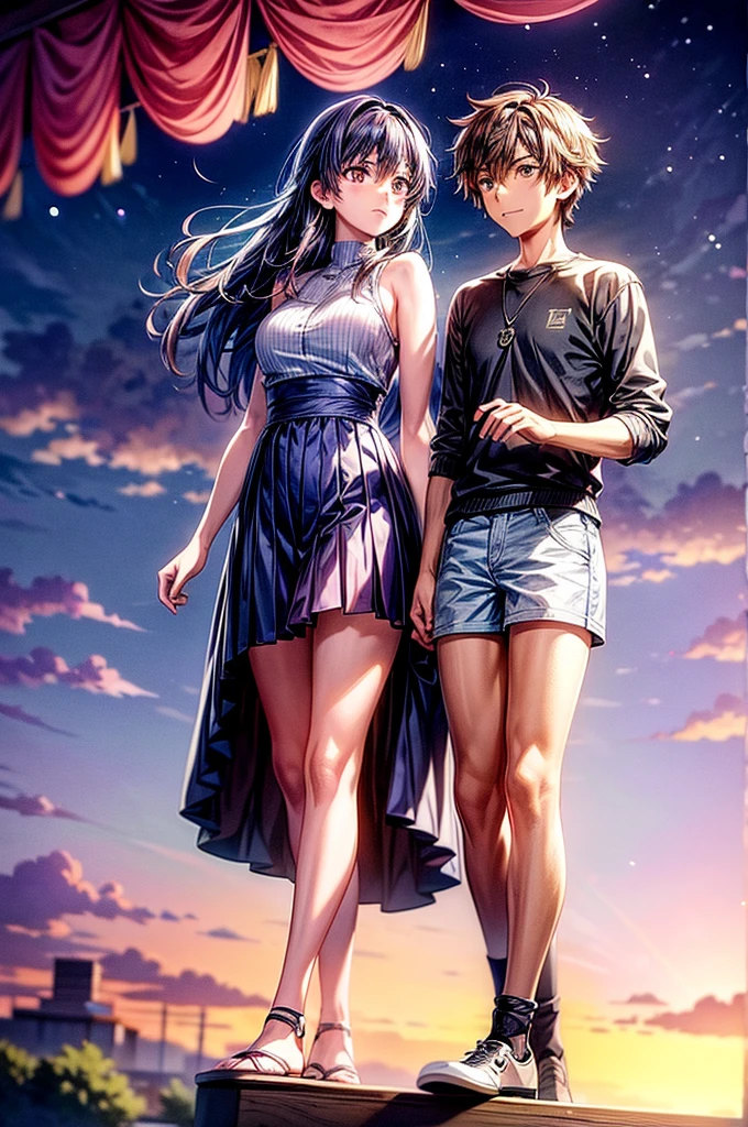 Two teenagers standing apart under a vibrant twilight sky, with a comet streaking across the background. The boy is in a Tokyo and the girl in a rural Japanese . The scene is filled with detailed and colorful clouds, capturing a sense of magic and connection. Cosmic Skies, by makoto shinkai, makoto shinkai cyril rolando, beautiful anime scene, anime sky, anime art wallpaper 4 k, anime art wallpaper 4k, anime art wallpaper 8 k, anime beautiful peace scene, in style of makoto shinkai, 4k anime wallpaper.