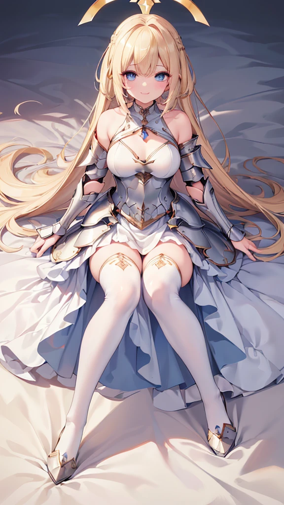 ({{masterpiece、Highest quality、Super detailed}})) 1 female、Blonde、Semi-long bob、armor、hair band、breastplate、肩armor、bangs、(armorブーツ、armorブーツ、White trousers、Hair above one eye、blue eyes、gloveaster-piece,hyper quality, hyper detailed,perfect drawing,solo,(8K、Highest quality、masterpiece:1.2)、(Strong eyes) 、 Hair Detail, Delicate facial depiction,Wide-open eyes、Beautiful Eyes、double eyelid、Double eyelids、Beautiful nose、Headset on one ear、laughing、smile、(Full Body Shot:1.5)、Highest quality、high detail、The whole body is shown