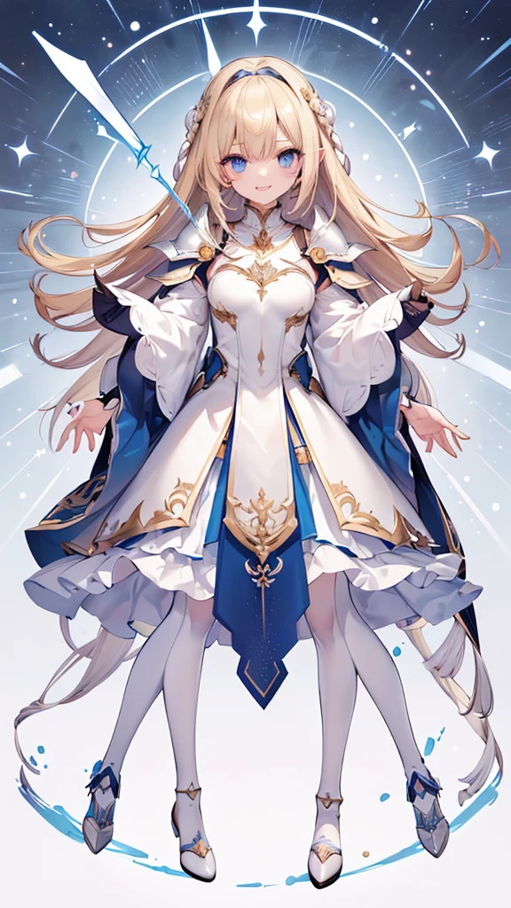({{masterpiece、Highest quality、Super detailed}})) 1 female、Blonde、Semi-long bob、armor、hair band、breastplate、肩armor、bangs、(armorブーツ、armorブーツ、White trousers、Hair above one eye、blue eyes、gloveaster-piece,hyper quality, hyper detailed,perfect drawing,solo,(8K、Highest quality、masterpiece:1.2)、(Strong eyes) 、 Hair Detail, Delicate facial depiction,Wide-open eyes、Beautiful Eyes、double eyelid、Double eyelids、Beautiful nose、Headset on one ear、laughing、smile、(Full Body Shot:1.5)、Highest quality、high detail、The whole body is shown