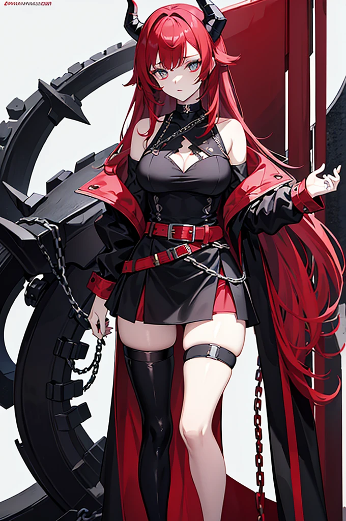 The character depicted in the image has a striking and elegant appearance. She has long, straight red hair that cascades down past her waist. Her eyes are a vivid turquoise color, giving her an intense and captivating gaze. On her head, she has black, horn-like accessories that add a dramatic and somewhat dark element to her look.
She is dressed in a stylish, off-shoulder black outfit with long sleeves. The top of her dress features a heart-shaped neckline with a jagged design, showing a portion of her chest. Around her neck, she wears a black choker with a design that mimics a lace pattern.
Her outfit includes a short, fitted black skirt with a high slit in the front, revealing her thighs. A red belt with a silver buckle cinches her waist, adding a pop of color to her dark ensemble. She wears thigh-high black stockings and black shoes with a decorative chain detail on the front.
Overall, her look is both elegant and edgy,