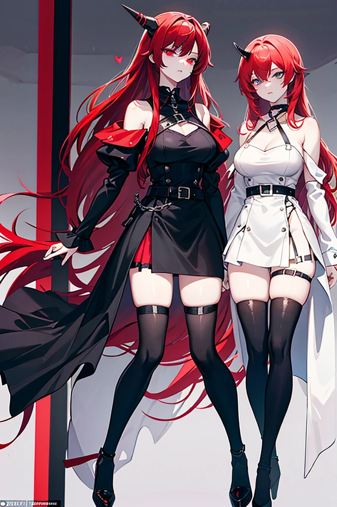 one Women (with big breasts) wears a cool, tight black and red dress, ties her hair up long, redwhite hair, red eyes, smiles crazy, and holds a knife., blood