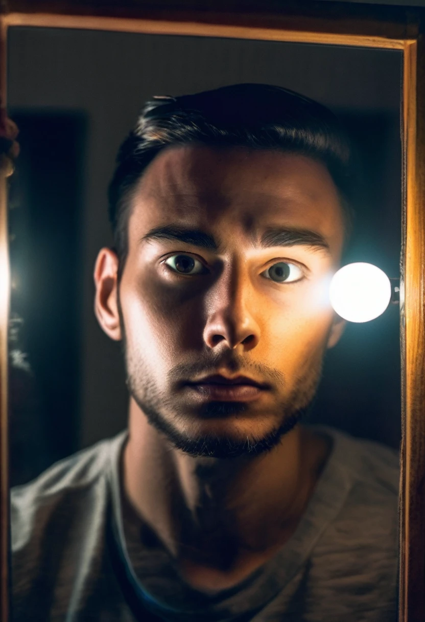 selfie photo of a man in front of the mirror but his reflection is staring at him, everything is dark, only flashlight light, disturbing atmosphere,creepy aura,