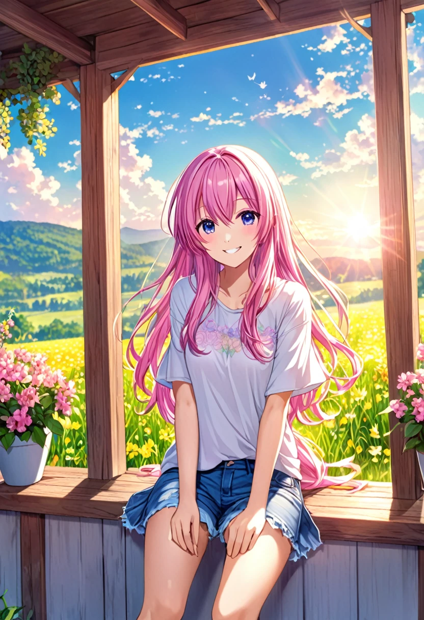 Megurine Luka smile casual clothes jeans colorful morning peace