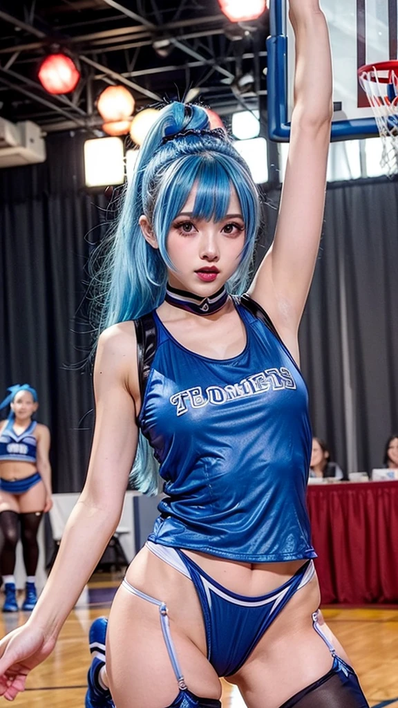 Cheerleader、Sheer tank top、Big Tits、Transparent nipples、See-through underwear、pantyhose/stockings、basketball、stage、Blue Hair