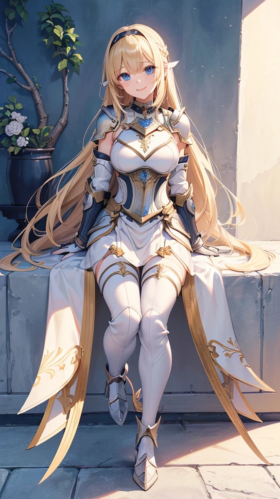 ({{masterpiece、Highest quality、Super detailed}})) 1 female、Blonde、Semi-long bob、armor、hair band、breastplate、肩armor、bangs、(armorブーツ、armorブーツ、White trousers、Hair above one eye、blue eyes、gloveaster-piece,hyper quality, hyper detailed,perfect drawing,solo,(8K、Highest quality、masterpiece:1.2)、(Strong eyes) 、 Hair Detail, Delicate facial depiction,Wide-open eyes、Beautiful Eyes、double eyelid、Double eyelids、Beautiful nose、Headset on one ear、laughing、smile、(Full Body Shot:1.5)、Highest quality、high detail、The whole body is shown