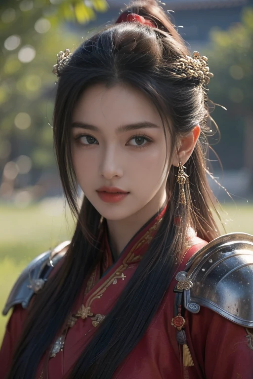 Game art,The best picture quality,Highest resolution,8K,(A bust photograph),(Portrait from bust:1.5),(Head close-up),(Rule of thirds),Unreal Engine 5 rendering works, (The Girl of the Future),(Female Warrior),
20-year-old girl,(The warrior in ancient China),(Short ponytail hairstyle),An eye rich in detail,(Big breasts),Elegant and noble,indifferent,(Smile),
(The costume of Chinese swordsman elements,Costumes of ancient Chinese characters,Armor,The costume is red and gold,Heavy armour,Joint Armor),(Chinese Hanfu:1.3),figure,Fantasy style,
Photo poses,Field background,Movie lights,Ray tracing,Game CG,((3D Unreal Engine)),oc rendering reflection pattern