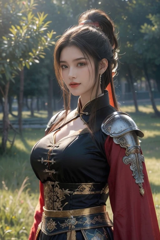 Game art，The best picture quality，Highest resolution，8K，(A bust photograph)，(Portrait from bust:1.5)，(Head close-up)，(Rule of thirds)，Unreal Engine 5 rendering works， (The Girl of the Future)，(Female Warrior)， 
20-year-old girl，(The warrior in ancient China)，(Short ponytail hairstyle)，An eye rich in detail，(Big breasts)，Elegant and noble，indifferent，(Smile)，
(The costume of Chinese swordsman elements，Costumes of ancient Chinese characters，Armor，The costume is red and gold，Heavy armour，Joint Armor)，(Chinese Hanfu:1.3)，figure，Fantasy style，
Photo poses，Field background，Movie lights，Ray tracing，Game CG，((3D Unreal Engine))，oc rendering reflection pattern