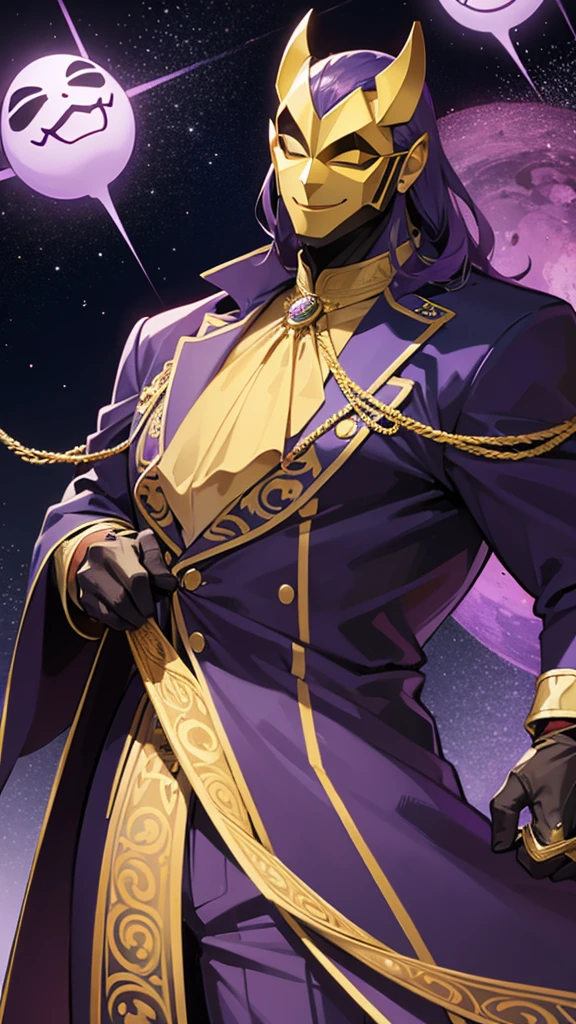 A tall, strong man wearing a purple suit with gold details and a smiling star mask that does not show his face