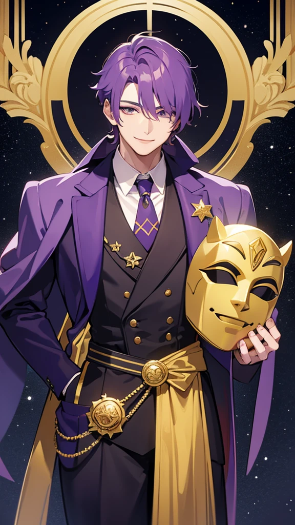 A tall, strong man wearing a purple suit with gold details and a smiling star mask that does not show his face