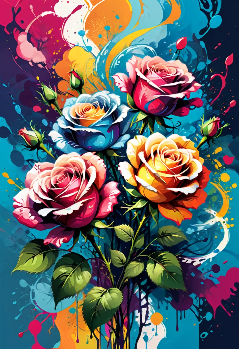 vectorial art, Colorful illustration with roses, At the center, swirly vibrant colors, paint splashes and smears, high détail.
(work of art, best qualityer, proffesional, perfect composition, very aesthetic, absurdrez, super verbose, details Intricate:1.3)