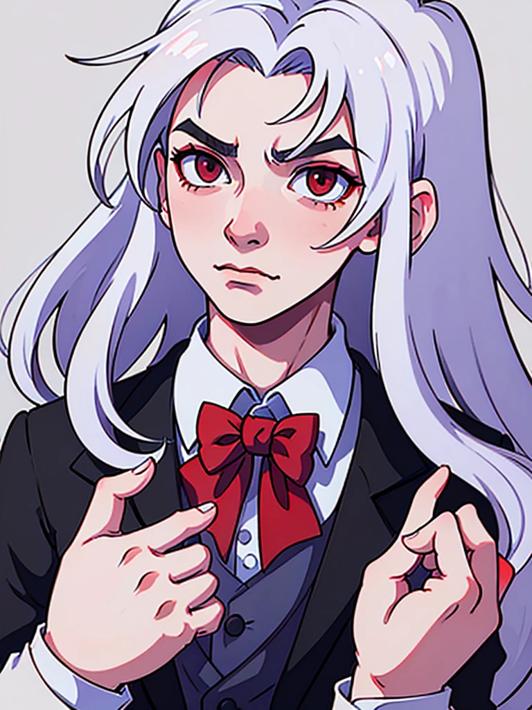 a man with red eyes and white hair, wearing white, his hands up and a bow tie. he is making hypnosise with his hand. Dracula style. comics anime style. (No background) (Portrait)