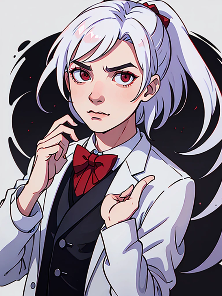 a man with red eyes and white hair, wearing white, his hands up and a bow tie. he is making hypnosise with his hand. Dracula style. comics anime style. (No background) (Portrait)