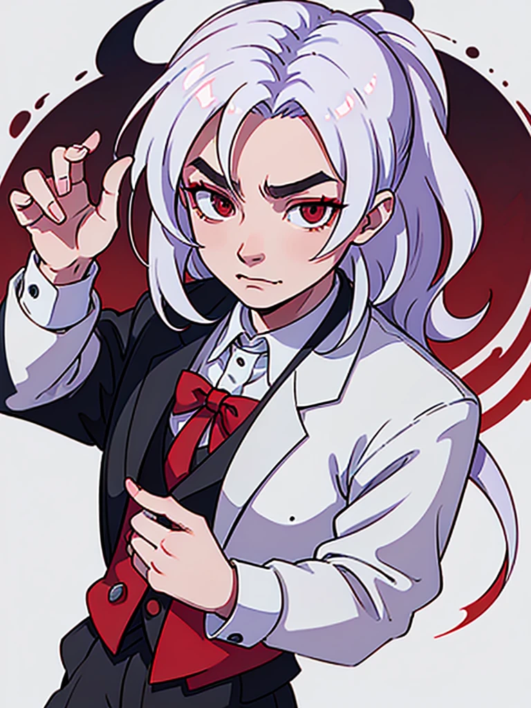 a man with red eyes and white hair, wearing white, his hands up and a bow tie. he is making hypnosise with his hand. Dracula style. comics anime style. (No background) (Portrait)