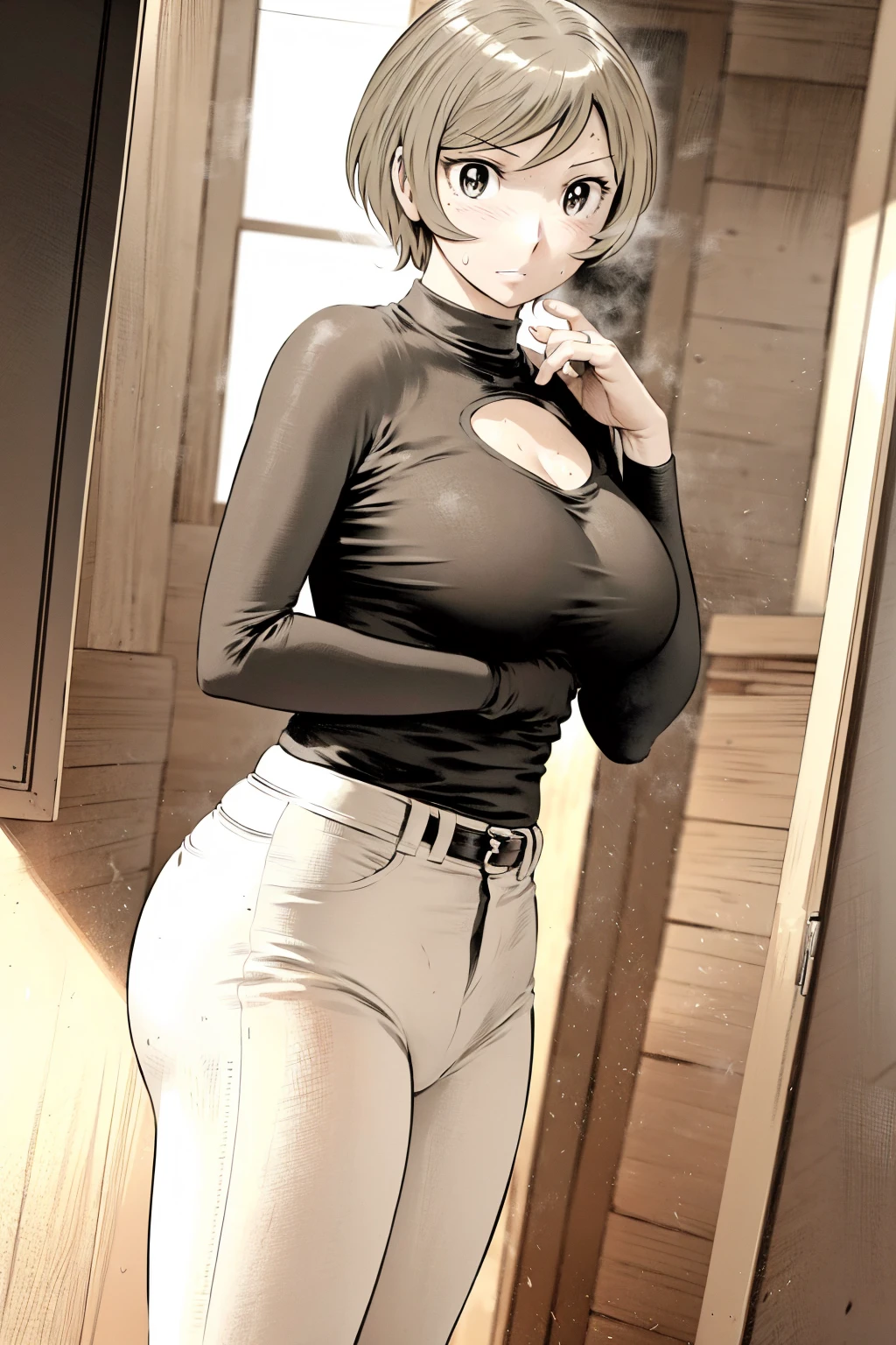 、(masterpiece、Highest quality)、Highest quality, Ultra-high resolution, (((masterpiece))), alone, Sweat、Big eyes,Tight black shirt、Tight white pants、belt、indoor、Composition from the front、(Cut the back hair short、short hair、blonde、woman)、Shortcuts、Embarrassed face、Cut your hair short、可愛いwomanの子、Big Breasts、office