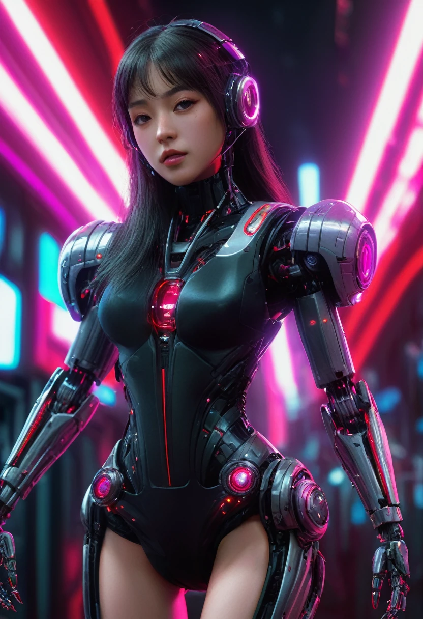 xxmixgirl. Highly detailed professional 35mm film, bokeh, face in sharp focus. A robotic female, Miku, with ((metal skin)), ((perfect Asian eyes)) with magenta irises and ((black pupils)), beautiful serious (detailed face), 18 year old ((photorealistic face)), very long magenta twin tails of magenta hair, twin black hair ties with a single red stripe. She may have a black audio headpiece. We can see her ((full body)) down to her boot soles. Her outfit is a sleeveless collared light grey shirt, outlined in red around the frilled collar and hems. Shiny reflective ((metallic breast cups, dimpleless)), invisible nipples. She wears black sleeves with red hems that start around her upper arm and bellow out as the sleeves open and extend to her wrists, with wide trumpet red rimmed cuffs. She has perfect robotic (detailed hands). She wears a red colored tie with two horizontal solid parallel black lines halfway across. She wears a fabric black skirt with a horizontal red hem at the bottom all the way around; her (((black skirt wraps around her))) and ((her skirt completely covers)) her robotic waist and thighs. Tall black boots with red bottom soles, a red rim around the top at her thighs. Her mechanical shoulder joints are visible. We can see her robotic legs and robotic neck. Half of her is covered with shiny polished machinery. The background is a distant dark neon futuristic Japanese city, gold, cyan, violet neon, near harbor or mountains.