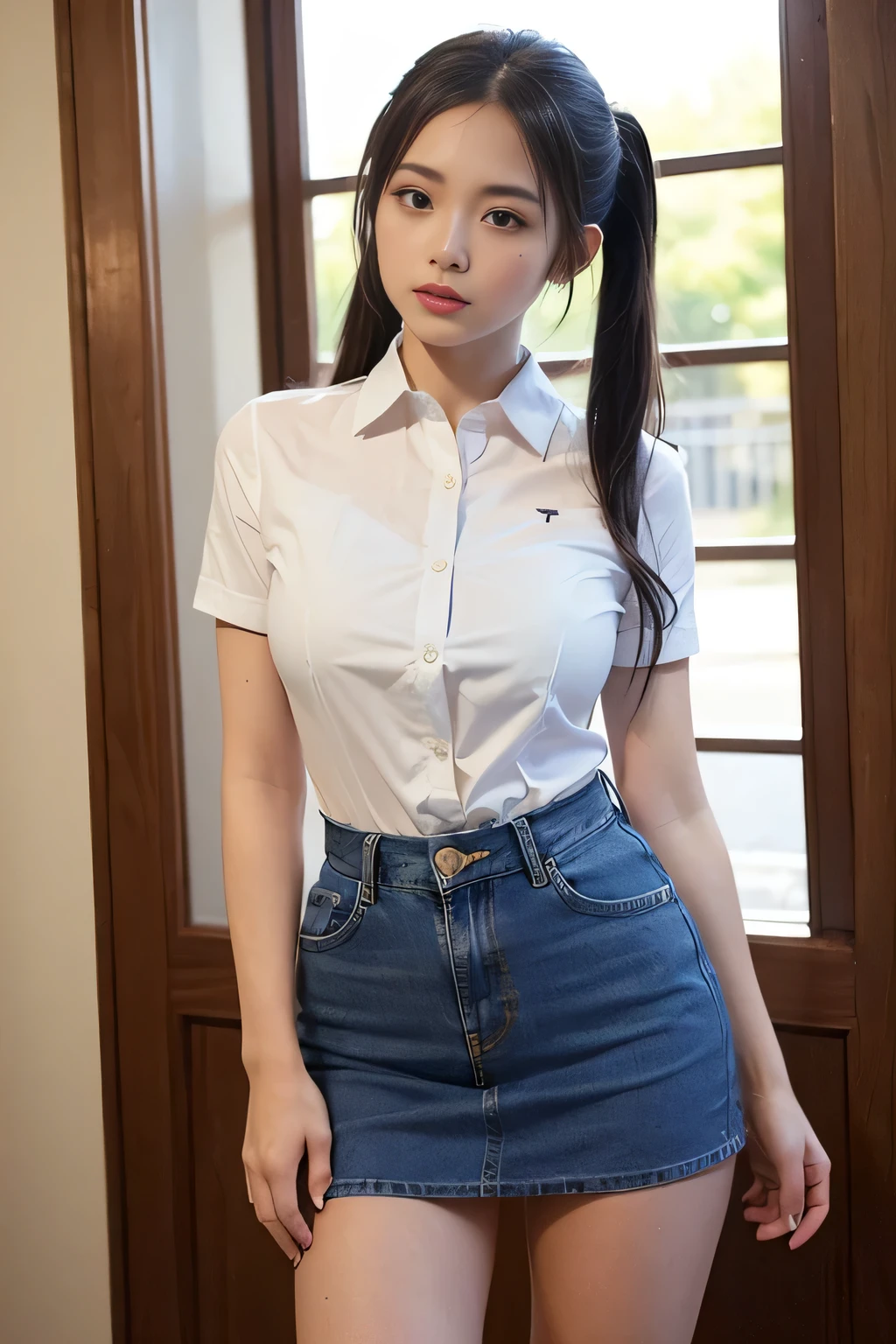 ((masterpiece:1.4))、((A man kisses a woman on the neck 1.4))、Close your eyes and tilt your head back、Cowboy Shot、Stand up and embrace、Better Quality, Movie stills, 1. Muller、((Woman with twin tails hairstyle:1.4))、((A woman wearing a white short-sleeved collared shirt:1.4))、((A woman wearing a denim miniskirt that accentuates her thighs:1.4))、((A woman wearing a white short-sleeved collared shirt:1.4))、((Tall、A middle-aged man with a sturdy build:1.4))、 ((A woman wearing a denim miniskirt that accentuates her thighs:1.4))、Men with short black hair,White skin, like, kiss, At the bed, close, bright, sensuous, romantic, dim and warm lighting, ((kiss))