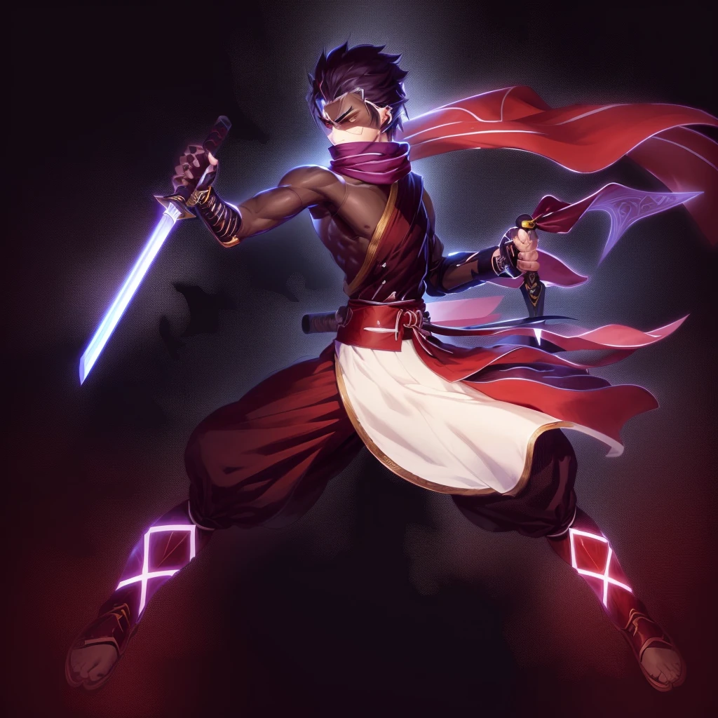 anime character with sword and scarf in a fighting pose, angry character wielding a sword, dramatic wielding sword pose, with large sword, anime style character, inspired by Kamisaka Sekka, anime in fantasy style, clean lineart and color, concept art of a monk, warrior character design, carrying scabbard on his back, picture of an adult male warrior