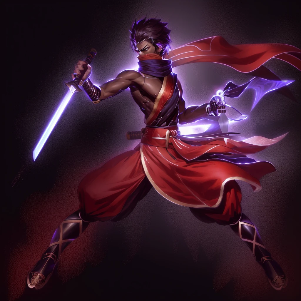 anime character with sword and scarf in a fighting pose, angry character wielding a sword, dramatic wielding sword pose, with large sword, anime style character, inspired by Kamisaka Sekka, anime in fantasy style, clean lineart and color, concept art of a monk, warrior character design, carrying scabbard on his back, picture of an adult male warrior