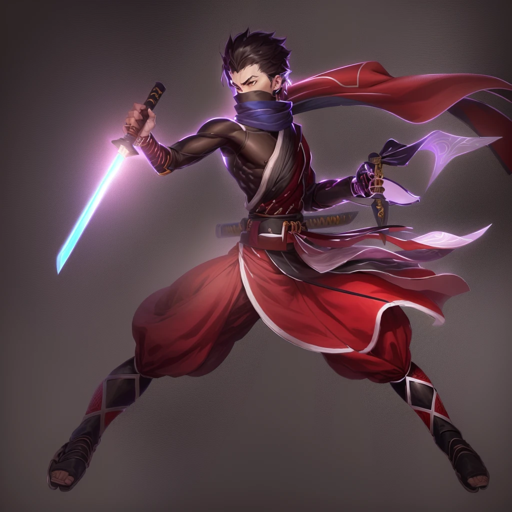 anime character with sword and scarf in a fighting pose, angry character wielding a sword, dramatic wielding sword pose, with large sword, anime style character, inspired by Kamisaka Sekka, anime in fantasy style, clean lineart and color, concept art of a monk, warrior character design, carrying scabbard on his back, picture of an adult male warrior