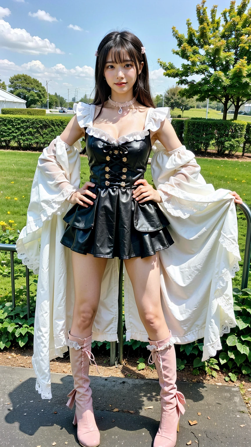 (8K、RAW Photos、Highest quality、masterpiece:1.2)、(Highest quality、Realistic)、1 Girl、((ribbon、Sweater Moon Costume、See-through、Frills、Big Breasts、Breast enlargement、smile、pink、and black、Lace cloak、mini skirt、Thin legs、whole body、boots、garden、View from the front、Looking into the camera、Idol Costume、Stand with hands on hips))、cute