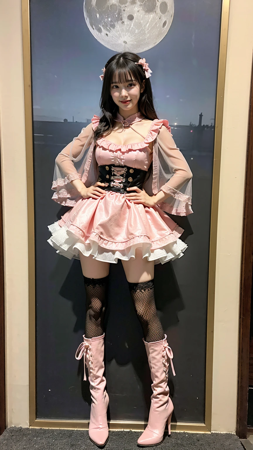 (8k、RAW Photos、Highest quality、masterpiece:1.2)、(Realistic、Realistic)、1 person、((Black and Pink、Cleavage、See-through、ribbon、Frills、garter belt、mini skirt、Thin legs、whole body、boots、View from the front、Looking into the camera、Dark basement、))、cute
