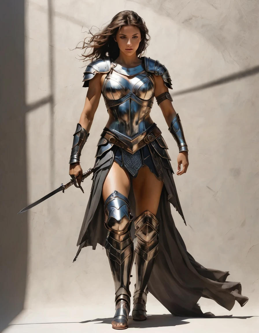 smooth lines, Express expressions and postures through ink contrast, The background is simple. emphasize light, shadow and space. ((full body):1.3), Drawing of Mature beauty. ((Detailed eye):1.3),((fresh)), wearing gladiator armor, painting, (best quality,4K,8k,high resolution,masterpiece:1.2),Super detailed,(actual,photoactual,photo-actual:1.37).Clean abs,