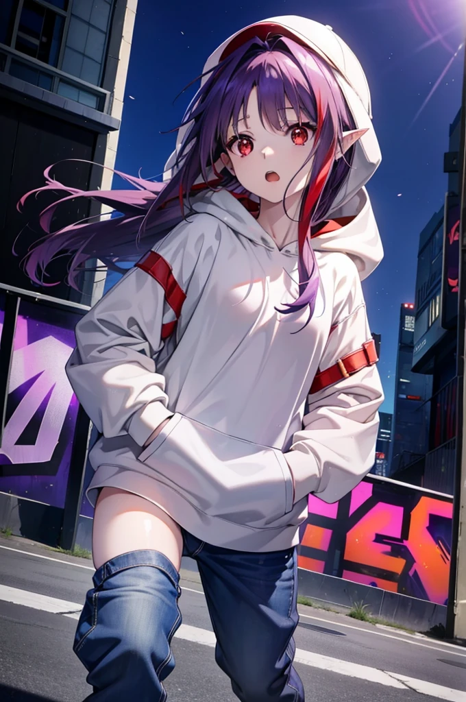 yuukikonno, Konno Yuuki, Long Hair, Pointed Ears, Purple Hair, (Red eyes:1.5), (Small breasts:1.2), Open your mouth,Baseball hats,Oversized purple hoodie,jeans,Thick hem,boots,Walking,Graffiti wall,Daytime,Clear skies,Both hands are in the pockets of the hoodie、whole bodyがイラストに入るように,
break looking at viewer, whole body,
break outdoors, Alley,
break (masterpiece:1.2), Highest quality, High resolution, unity 8k wallpaper, (figure:0.8), (Beautiful attention to detail:1.6), Highly detailed face, Perfect lighting, Highly detailed CG, (Perfect hands, Perfect Anatomy),