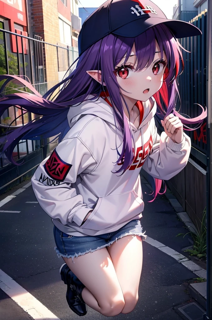 yuukikonno, Konno Yuuki, Long Hair, Pointed Ears, Purple Hair, (Red eyes:1.5), (Small breasts:1.2), Open your mouth,Baseball hats,Oversized purple hoodie,jeans,Thick hem,boots,Walking,Graffiti wall,Daytime,Clear skies,Both hands are in the pockets of the hoodie、whole bodyがイラストに入るように,
break looking at viewer, whole body,
break outdoors, Alley,
break (masterpiece:1.2), Highest quality, High resolution, unity 8k wallpaper, (figure:0.8), (Beautiful attention to detail:1.6), Highly detailed face, Perfect lighting, Highly detailed CG, (Perfect hands, Perfect Anatomy),