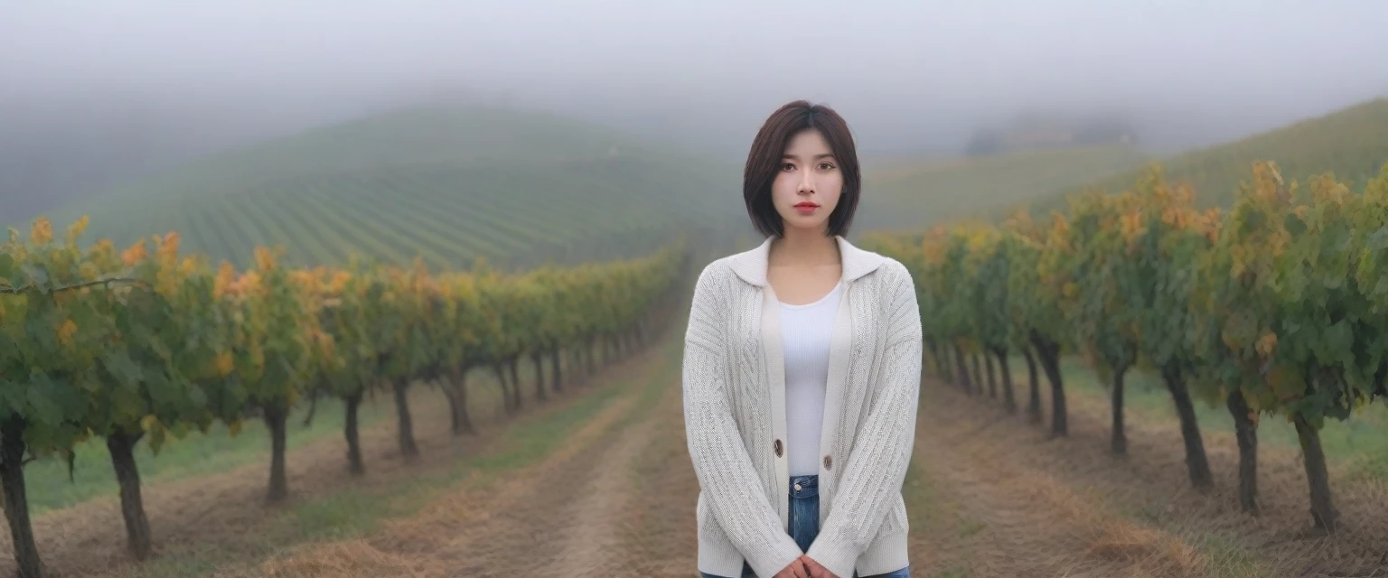 8k best picture quality, Beautiful 36-year-old Korean woman, Chest size 34 inches, The cathedral can be seen through the early morning fog past the vineyards in the Croatian countryside., The back background is realistic and vivid image quality, short and medium hair, Wearing a sweater jacket and pants,Perfect and realistic photos, The background is realistic. Full body shot with Canon camera 16-35 wide angle lens, expressionless, There was a thick fog.