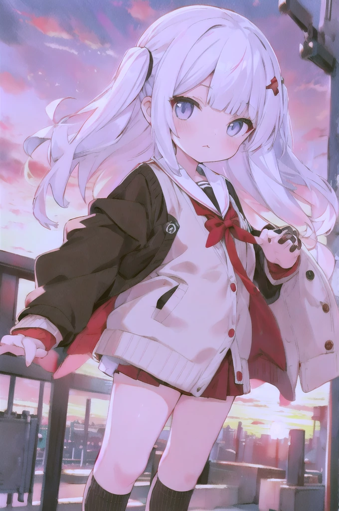One girl, (Sunset sky), Standing and waving, School Area, Cityscape, scenery, School Cardigan, (Sleeves are longer than the wrist), Powerful loafers, Black ash two side up hair, Blunt bangs, Beautiful dark eyes, Black knee socks, Cinema Lighting, Upper Body, :3,