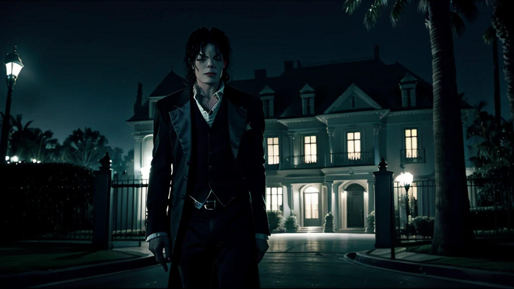 Scary and ultra-realistic image of a haunted mansion in Hollywood with Michael Jackson, standing in front of the mansion, looking ahead with scared expression, on a dark and scary night