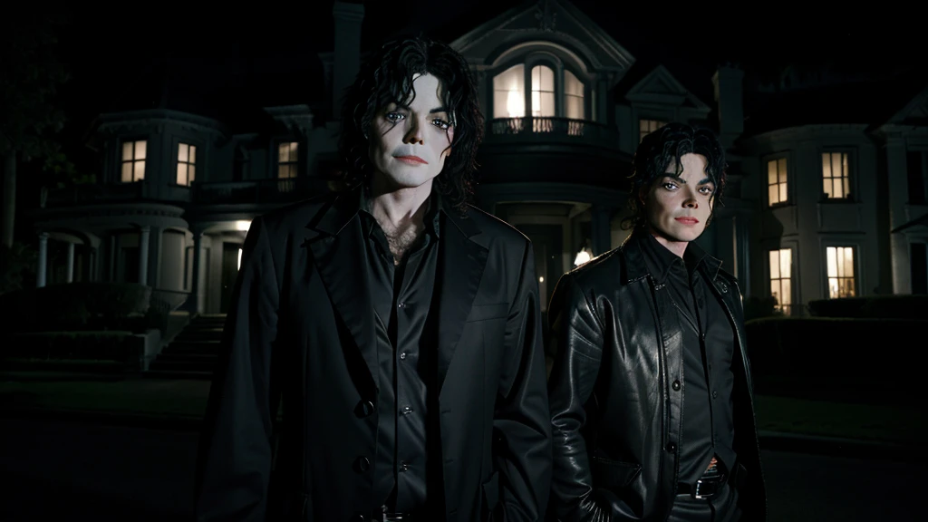 Scary and ultra-realistic image of a haunted mansion in Hollywood with Michael Jackson, standing in front of the mansion, looking ahead with scared expression, on a dark and scary night