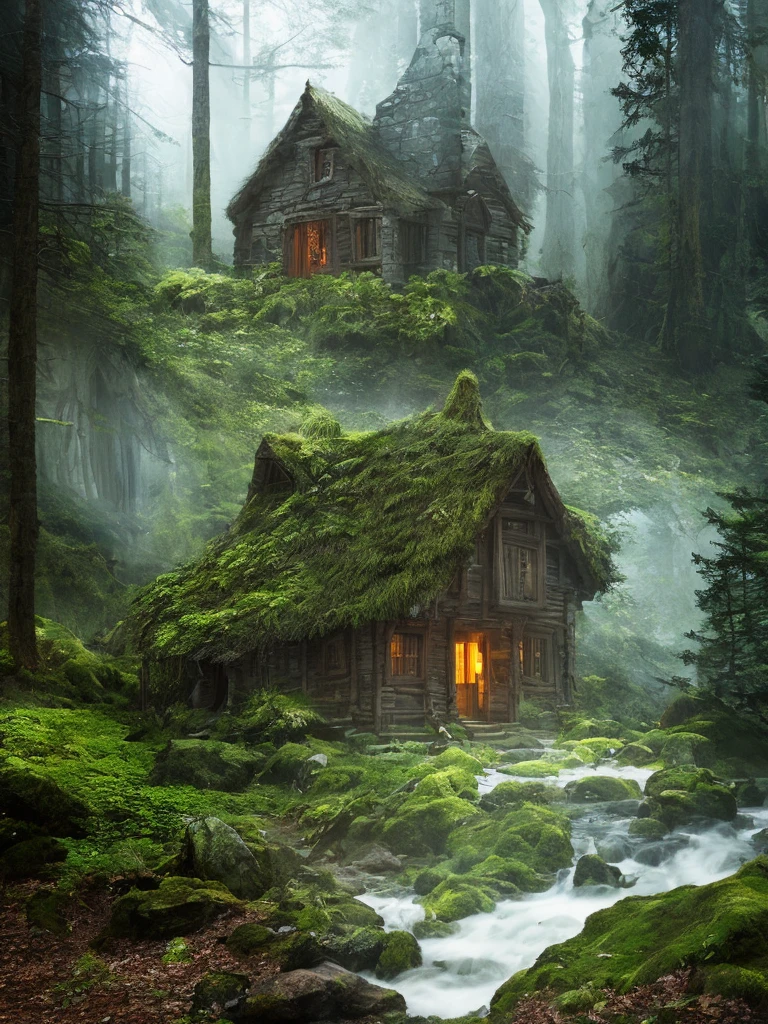 A witch's cottage in a thick mountain forest, high chaos, dark fairytale atmosphere, volumetric light, soft sunlight, intricate work by Johan Grenier style, Alyssa Monks style
