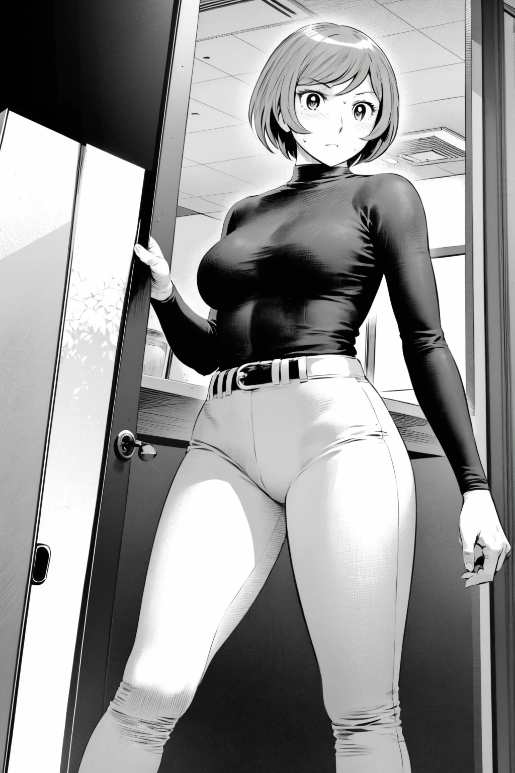 、(masterpiece、Highest quality)、Highest quality, Ultra-high resolution, (((masterpiece))), alone, Sweat、Big eyes,Tight black shirt、Tight white pants、belt、indoor、Composition from the front、(後ろCut your hair short、short hair、blonde、woman)、Shortcuts、Embarrassed face、Cut your hair short、可愛いwomanの子、Big Breasts、office