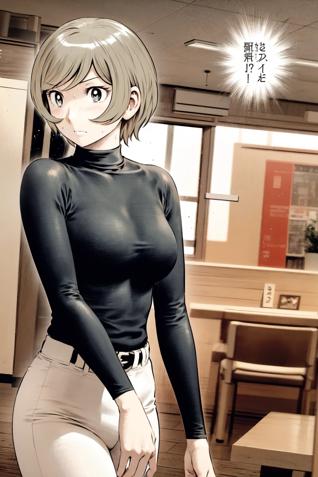 、(masterpiece、Highest quality)、Highest quality, Ultra-high resolution, (((masterpiece))), alone, Sweat、Big eyes,Tight black shirt、Tight white pants、belt、indoor、Composition from the front、(後ろCut your hair short、short hair、blonde、woman)、Shortcuts、Embarrassed face、Cut your hair short、可愛いwomanの子、Big Breasts、office