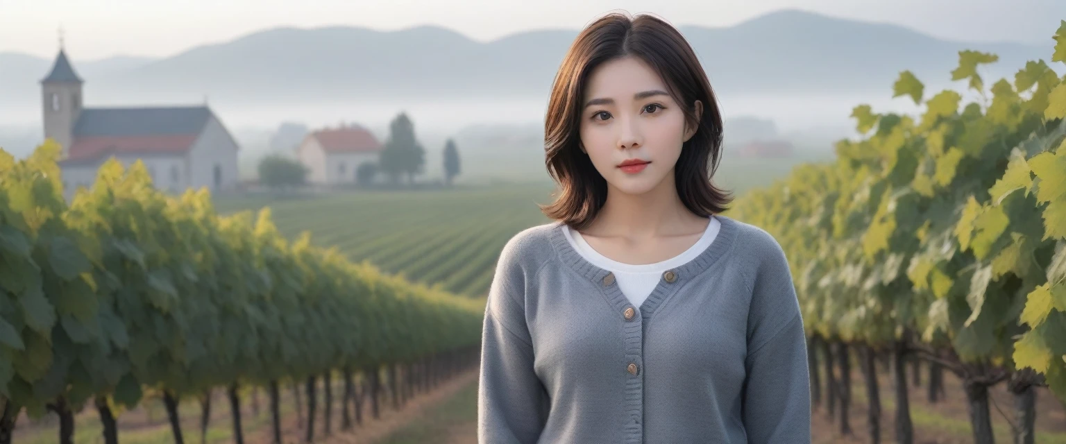 8k best picture quality, Beautiful 36-year-old Korean woman, Chest size 34 inches, The cathedral can be seen through the early morning fog past the vineyards in the Croatian countryside., The back background is realistic and vivid image quality, short and medium hair, Wearing a sweater jacket and pants,Perfect and realistic photos, The background is realistic. Full body shot with Canon camera 16-35 wide angle lens, expressionless, There was a thick fog.