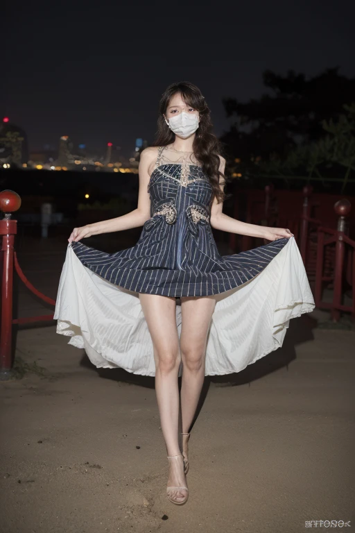 ((original photography:1.2))，Photographed by mobile phone，RAW photos,Night view of Beijing，1 Girl, Perfect body，Full body portrait，Fashion的头发, Very curly hair, delicate eyes, Side Light, Sweating，With a mask, Medium breasts，Fashion的蘇格蘭裙，(intricate dress、embroidery、stripe、pattern、Fashion、Hollow)，Long slender legs