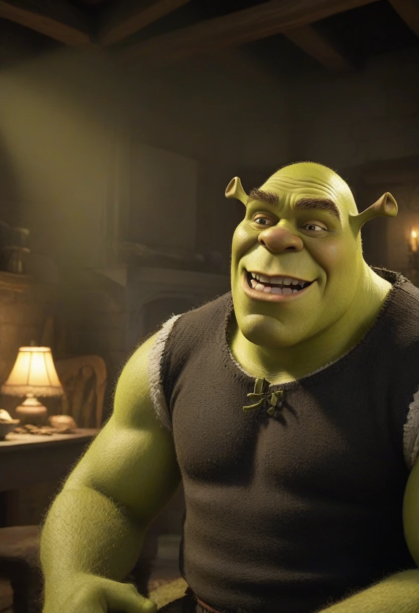 Shrek, the iconic green ogre from the animated film series, depicted in a realistic art style. He has a mischievous grin on his face, with a noticeable white powder, resembling cocaine, around his nostrils. The background is a dimly lit room with a chaotic vibe, filled with overturned furniture and scattered items, giving the scene a sense of disarray and mayhem. The lighting should cast dramatic shadows, highlighting Shrek's facial features and the surreal nature of the scene. Despite the humorous and exaggerated situation, the overall tone should be dark and edgy.