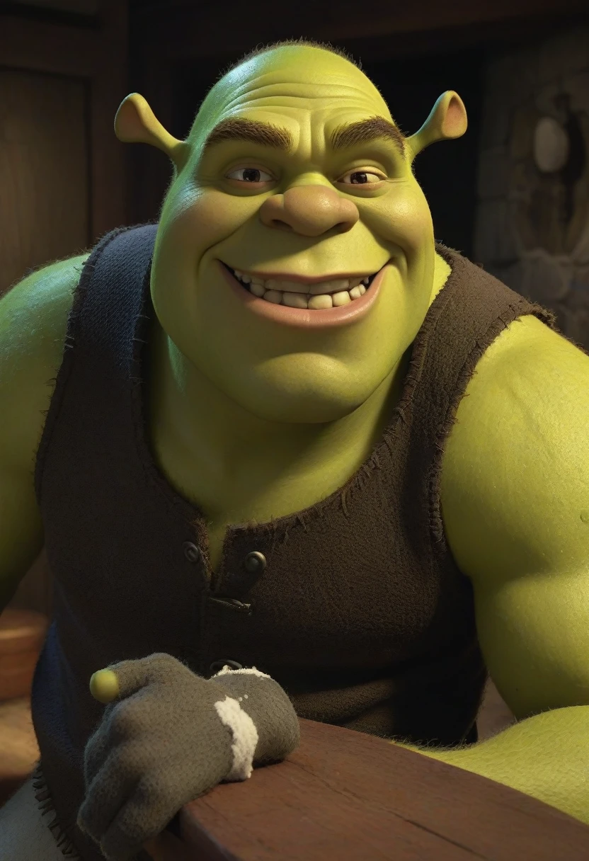Shrek, the iconic green ogre from the animated film series, depicted in a realistic art style. He has a mischievous grin on his face, with a noticeable white powder, resembling cocaine, around his nostrils. The background is a dimly lit room with a chaotic vibe, filled with overturned furniture and scattered items, giving the scene a sense of disarray and mayhem. The lighting should cast dramatic shadows, highlighting Shrek's facial features and the surreal nature of the scene. Despite the humorous and exaggerated situation, the overall tone should be dark and edgy.