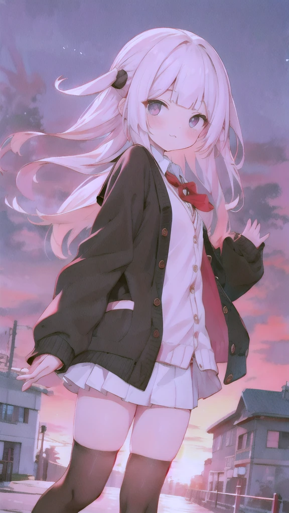 One girl, (Sunset sky), Standing and waving, School Area, Cityscape, scenery, School Cardigan, (Sleeves are longer than the wrist), Powerful loafers, Black ash two side up hair, Blunt bangs, Beautiful dark eyes, Black knee socks, Cinema Lighting, Upper Body, :3,